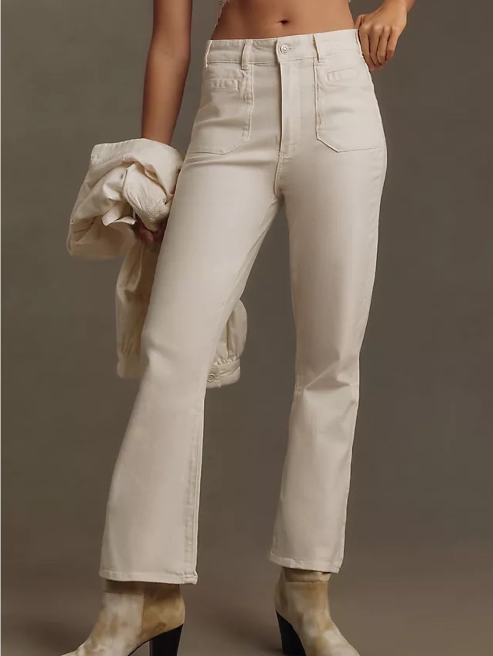 Paige Paige White Claudine Patch Pocket Crop Flare Jeans Womens 28